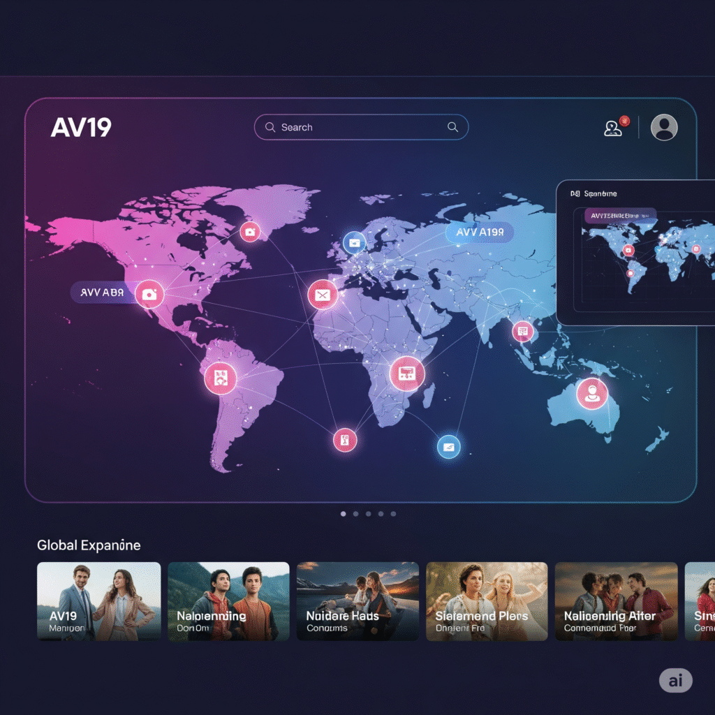 AV19 플랫폼의 글로벌 홈페이지를 보여주는 생동감 있는 디지털 인터페이스